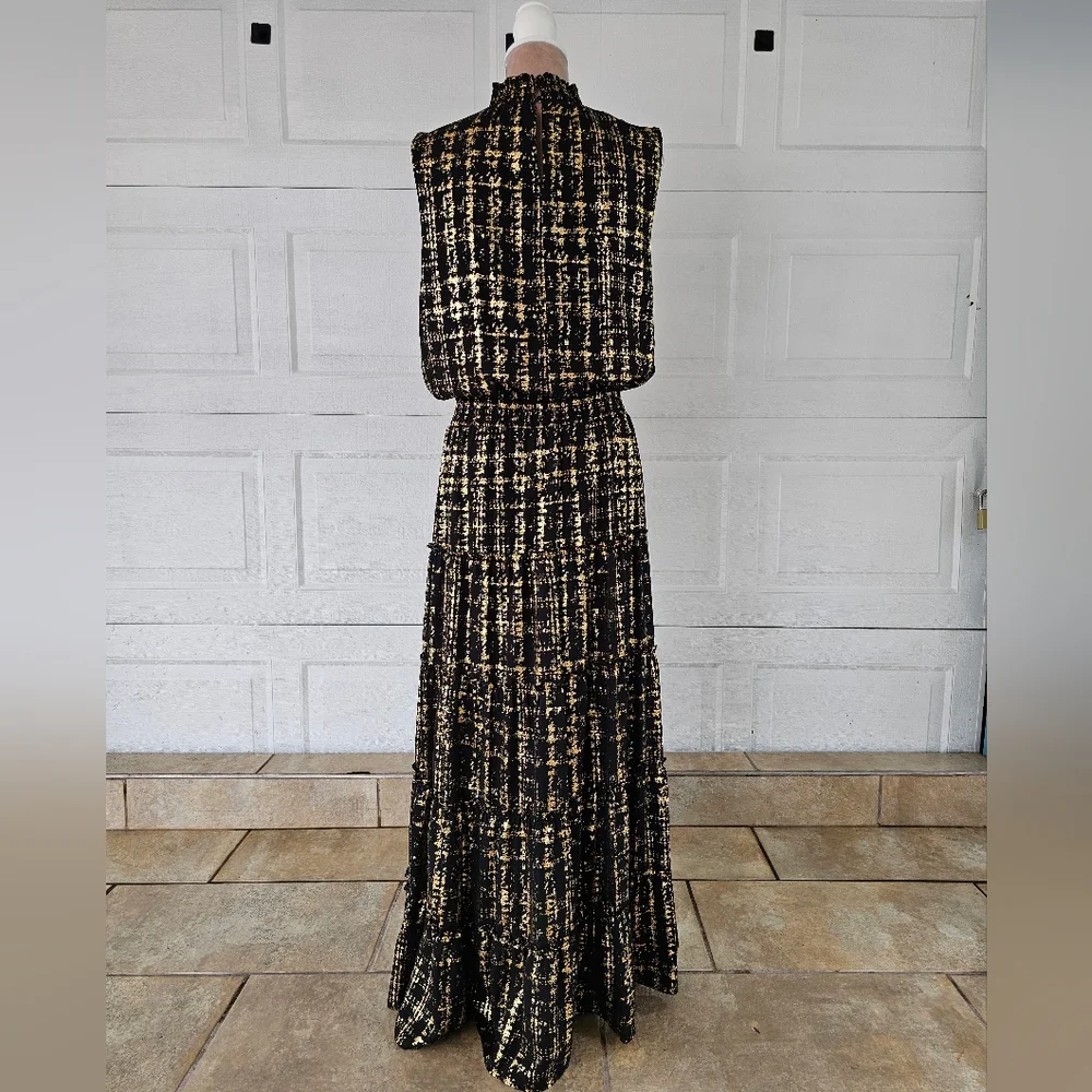 MSK XL Metallic Gold Black Maxi Dress | Boho Glam Tiered Skirt | Holiday Party